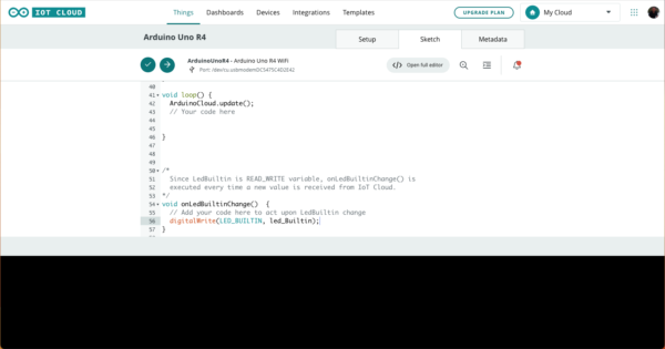 Arduino Uno R4 WiFI IoT Cloud add the code to control ledbuiltin variable