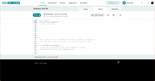 Arduino Uno R4 WiFI IoT Cloud verify sketch