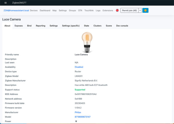 ZigBee2MQTT device detail