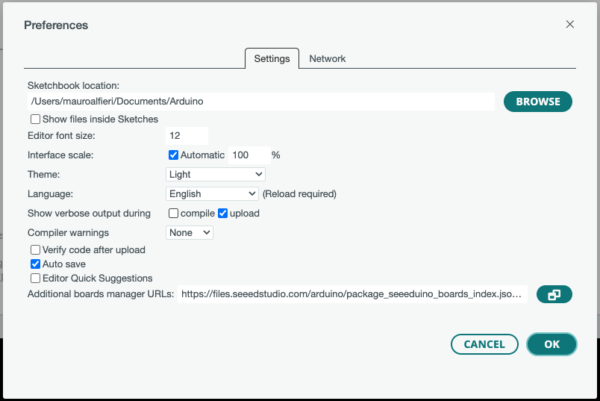 Screenshot preferences arduino ide 2.3.0